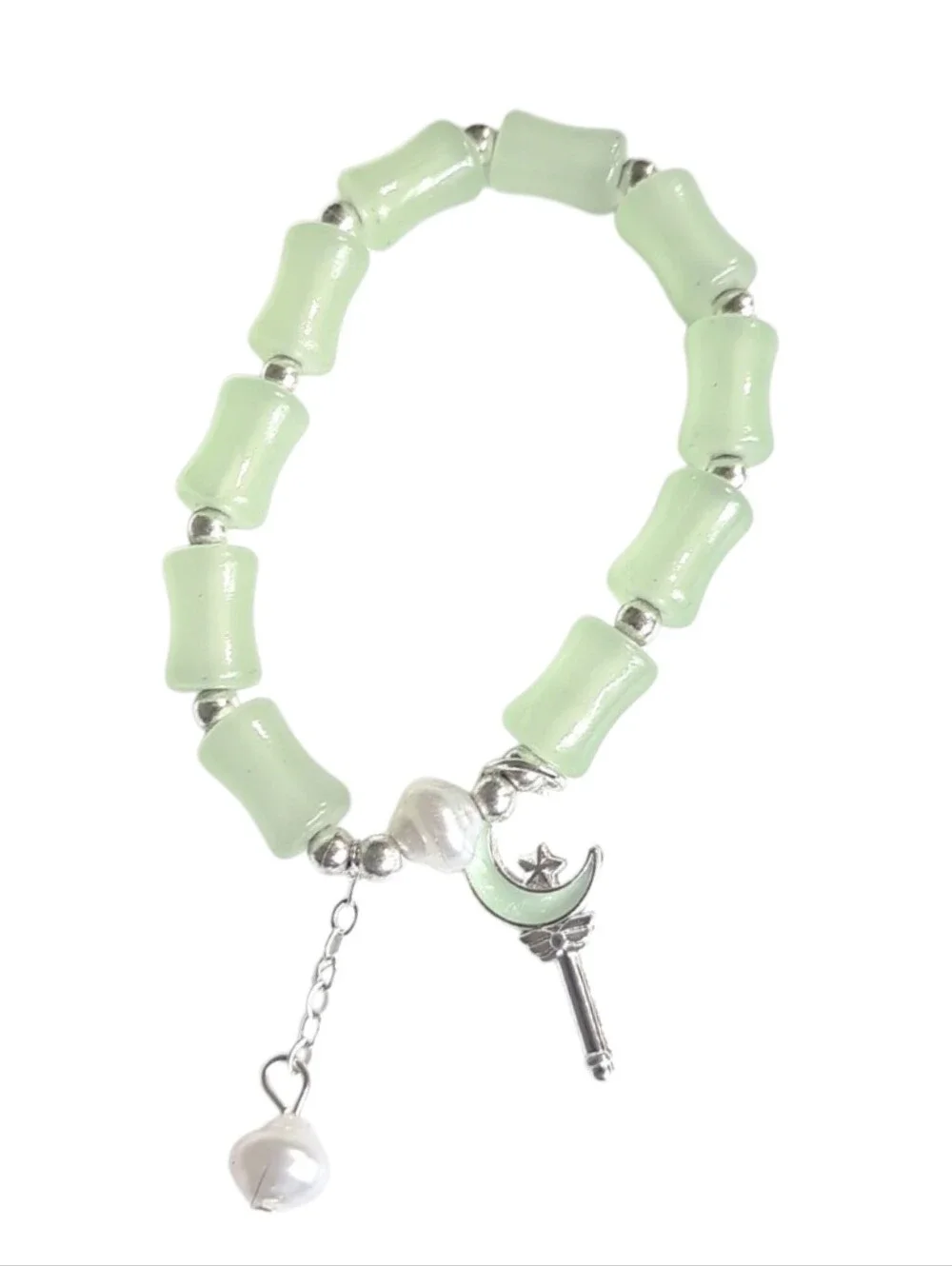 Mint Green Bamboo Bead Stretch Bracelet with Moon Wand Charm – NWOT